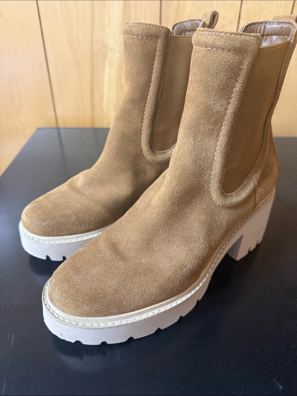 Dolce Vita Tan Suede Chelsea Platform Booties